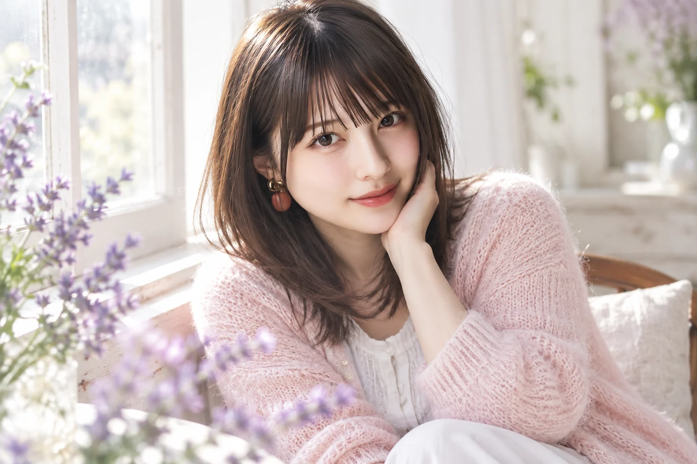 ラベンダーの花がある窓辺で微笑むいちき